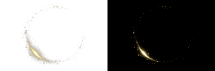 Sparkling golden ring with dust particles, glitter effect and shiny aura halo.Gold glowing circle PNG.  Light round frame isolated on transparent background for elegant premium decoration.