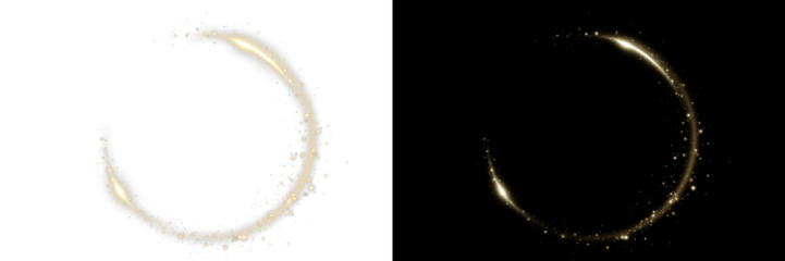 Sparkling golden ring with dust particles, glitter effect and shiny aura halo.Gold glowing circle PNG.  Light round frame isolated on transparent background for elegant premium decoration.