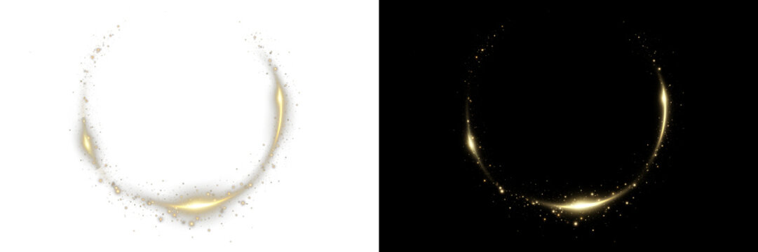 Sparkling golden ring with dust particles, glitter effect and shiny aura halo.Gold glowing circle PNG.  Light round frame isolated on transparent background for elegant premium decoration.