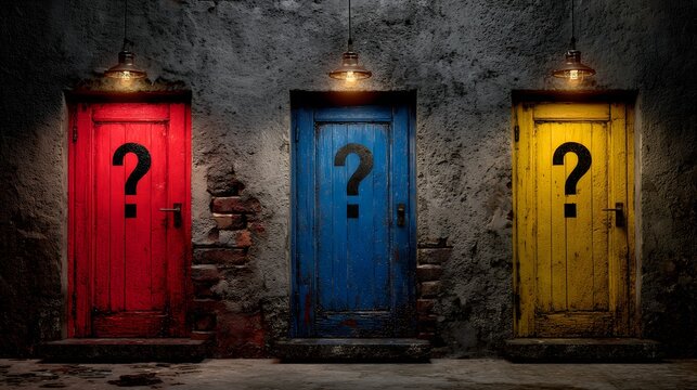 Three distinct colored doors marked with question symbols suggest difficult choices ahead in a dimly lit hallway