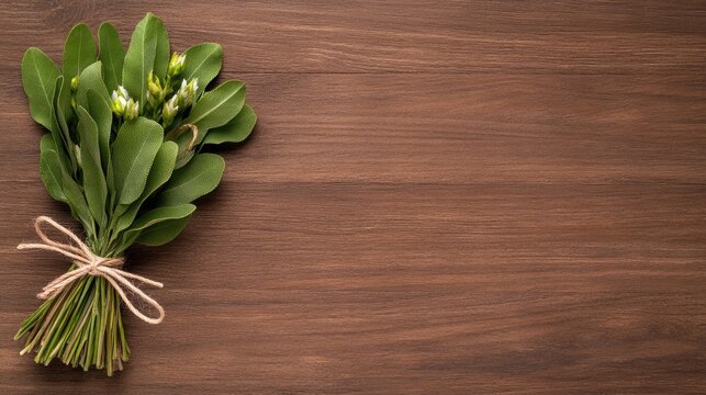 Sage bunch tied with twine on rustic wooden background creating a serene and inviting atmosphere for culinary inspiration