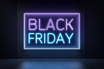 "Black Friday" Neon Sign: Glowing Purple and Blue Text in a Frame for Shopping Sales and Promotions