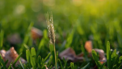 Naklejka premium A dew-kissed sprouting grain of wheat or barley illuminated by morning light, highlighting growth potential