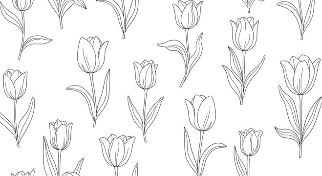 Elegant tulips are illustrated in a simple dashed line art style, creating a beautiful and delicate seamless floral background pattern.