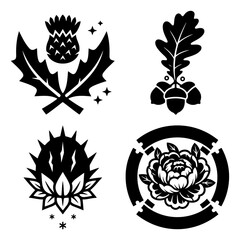Fototapeta premium Collection of natureinspired black and white icons, including a thistle and oak leaf design