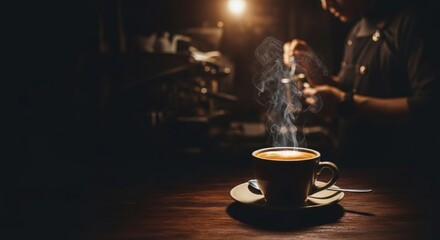 Espresso cup on a dark wood table with steam and soft highlights and barista on the background