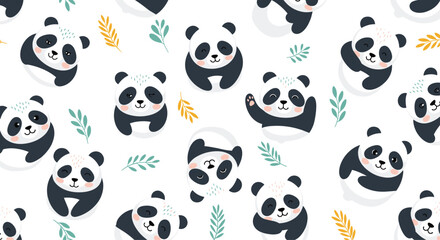 Fototapeta premium Cartoon panda bears in various cute and playful poses are scattered with leaves, creating a fun seamless animal pattern for children.