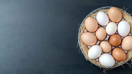 Freshly gathered eggs nestled in a wire basket on straw create a rustic farm atmosphere ideal for culinary inspiration