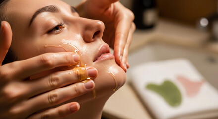 A young Caucasian woman receives a gua sha massage on her face. The setting is a spa-like environment with oil and towels nearby. Focus on self-care and wellness routines.
