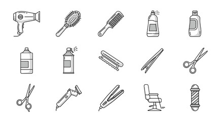 A collection of minimalistic thin line icons representing various hair salon and barber shop tools and equipment, including a hairdryer, combs, brushes, scissors, hairspray, styling bottles