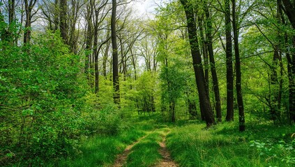 Obraz premium Peaceful woodland scene in early spring featuring a trail surrounded by vibrant greenery and towering trees