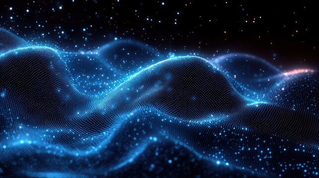 Abstract blue digital wave pattern with glowing particles and flowing curved lines creating a futuristic and dynamic atmosphere