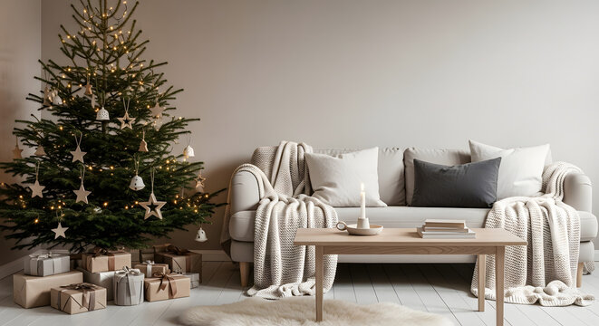 Cozy living room scene featuring a decorated Christmas tree, gifts, and a comfortable sofa, perfect for holiday celebrations