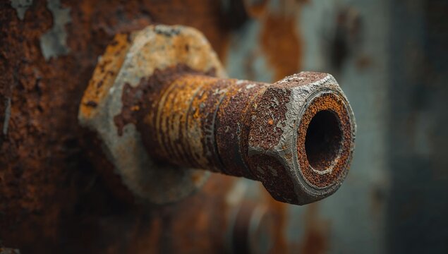 Corroded rusted bolt showing signs of wear from an aging structure, erosion risk