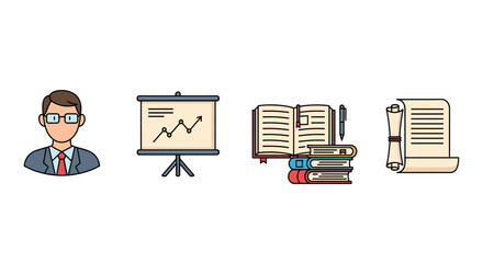 A collection of simple, flat design icons representing university and academic life, featuring a professor or teacher in a suit, a presentation board with an upward trending graph, a stack of books