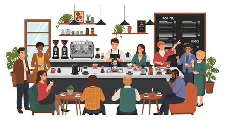 Vibrant coffee shop community gathering for a cupping session, baristas expertly brewing specialty coffee drinks for tasting, diverse people enjoying morning party and social interaction, flat vector