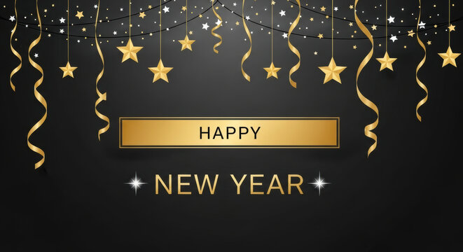 Elegant black background with golden stars confetti and happy new year text for celebration and festive occasions