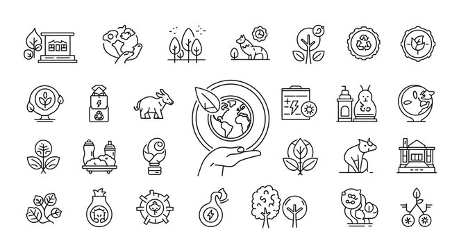 Eco-friendly line icon set showcasing nature, wildlife, renewable energy, and sustainability concepts, ideal for environmental campaigns, green technology, and climate awareness initiatives