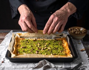 Close-up of a chef preparing a pistachio pastry tart, in a baking pan on wood