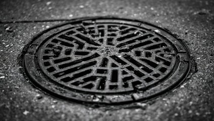 Close-up view of a sidewalk subway grate with shallow focus, urban infrastructure detail