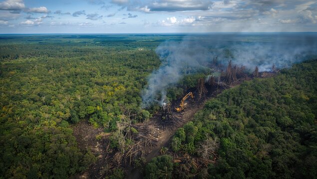 Aerial perspective of forest clearing in a lush jungle. Heavy machinery uproots trees that are subsequently set on fire