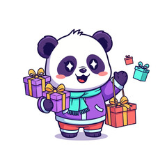 Cartoon panda holding gifts, wearing a jacket and scarf. © DediGalihWisnumurti