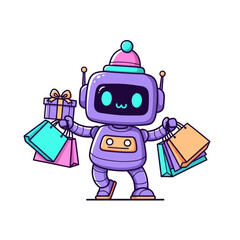 A cute purple robot wearing a winter hat, happily carrying shopping bags and a gift box.