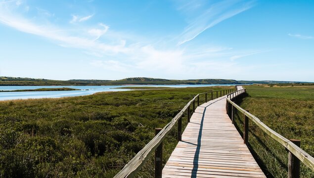 Wooden boardwalk along the river mouth and estuary surrounded by nature and greenery. Blue skies, fish, and outdoor activities at the coastal ecoway.