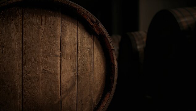 Close-up of aged wooden wine barrel in dim cellar, suitable for editorial header background