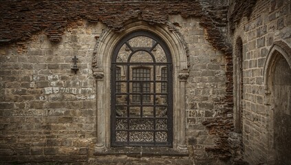 Fototapeta premium Ancient dilapidated chapel with twisted crosses and shattered walls, featuring vintage wrought iron window frames in a historic monastery setting.