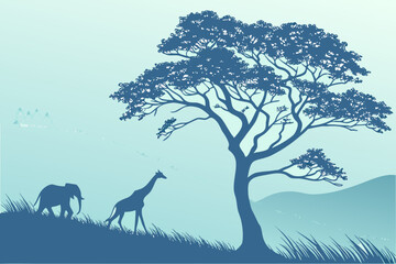 Vulture/Eagle and Savannah Tree Silhouette Vector - Blue Duotone Graphic