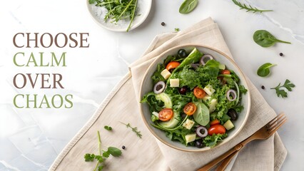 Healthy green salad in a bowl on a linen napkin