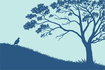 African Savannah Landscape with Elephant and Giraffe Silhouette Vector