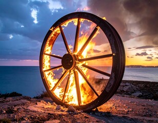 Burning wooden wheel sitting on a rocky promontory against an ocean sunset