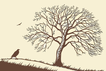 Lush Tree Silhouette on Hill with Misty Landscape Vector - Blue Duotone Graphic