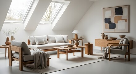 Fototapeta premium Modern living room interior with skylights and minimalist furniture