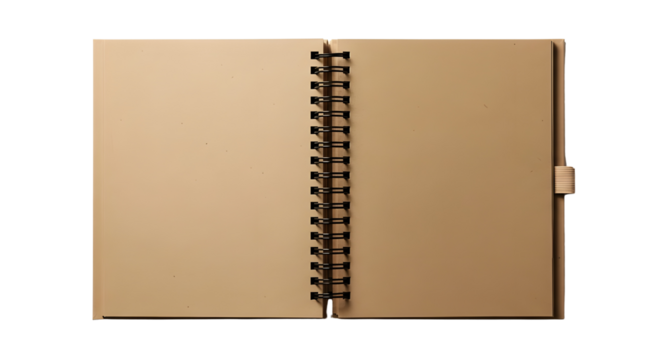 Open blank spiral bound notebook mockup with brown cardboard cover isolated on white background