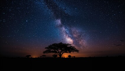 Milky Way stretching across the night sky, silhouette of a tree in the foreground, nighttime serenity