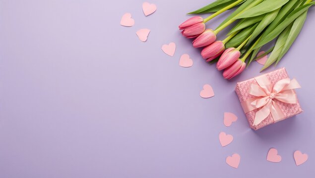 Aerial view of tulips, a gift box, and scattered paper hearts on a lavender backdrop, ideal for love expressions