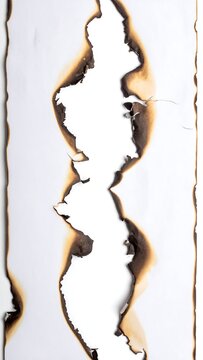 Burnt paper sheet with irregular edges, a stark contrast of white and charry brown