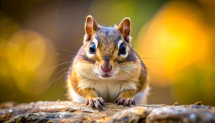 Close-up of a chipmunk, face centered, blurry background. Vivid colors, golden and brown tones