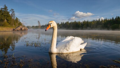 A graceful swan gliding on a thawing lake in spring, highlighting seasonal change