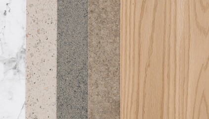 Fototapeta premium Set of interior material samples featuring marble, engineered stone, textured artificial stone, and oak wood laminate with emphasis on stone patterns. Close-up mood and tone board for design.