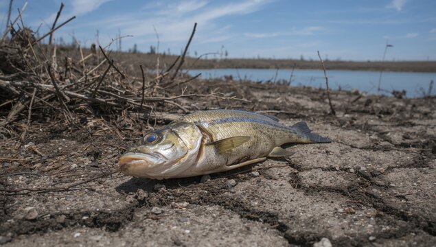 Fish located along the reservoir bank as a result of arid soil conditions linked to climate change, environmental concern