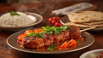 Indian lula kebab served on traditional dish, protein-rich meal