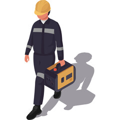 Construction Worker Wearing Yellow Hard Hat and Dark Blue Uniform Carrying a Portable Generator Unit with a Dark Shadow on a White Background