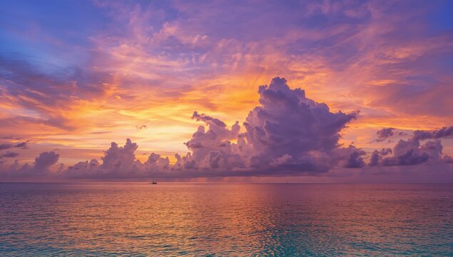 Vibrant sunset sky filled with dramatic clouds above the ocean, seasonal change - Powered by Adobe