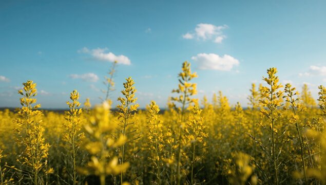 Blooming mustard flowers in a field under a bright blue sky, seasonal change - Powered by Adobe