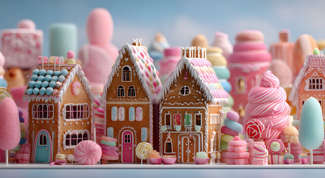 Creative delicious gingerbread house made of variety of sweets and candies. Festive Xmas and New Year holiday season decorating idea, trendy candy land banner design on pastel background. - Powered by Adobe