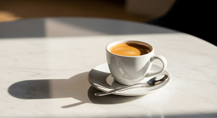 Espresso in white ceramic cup on marble table with natural sunlight